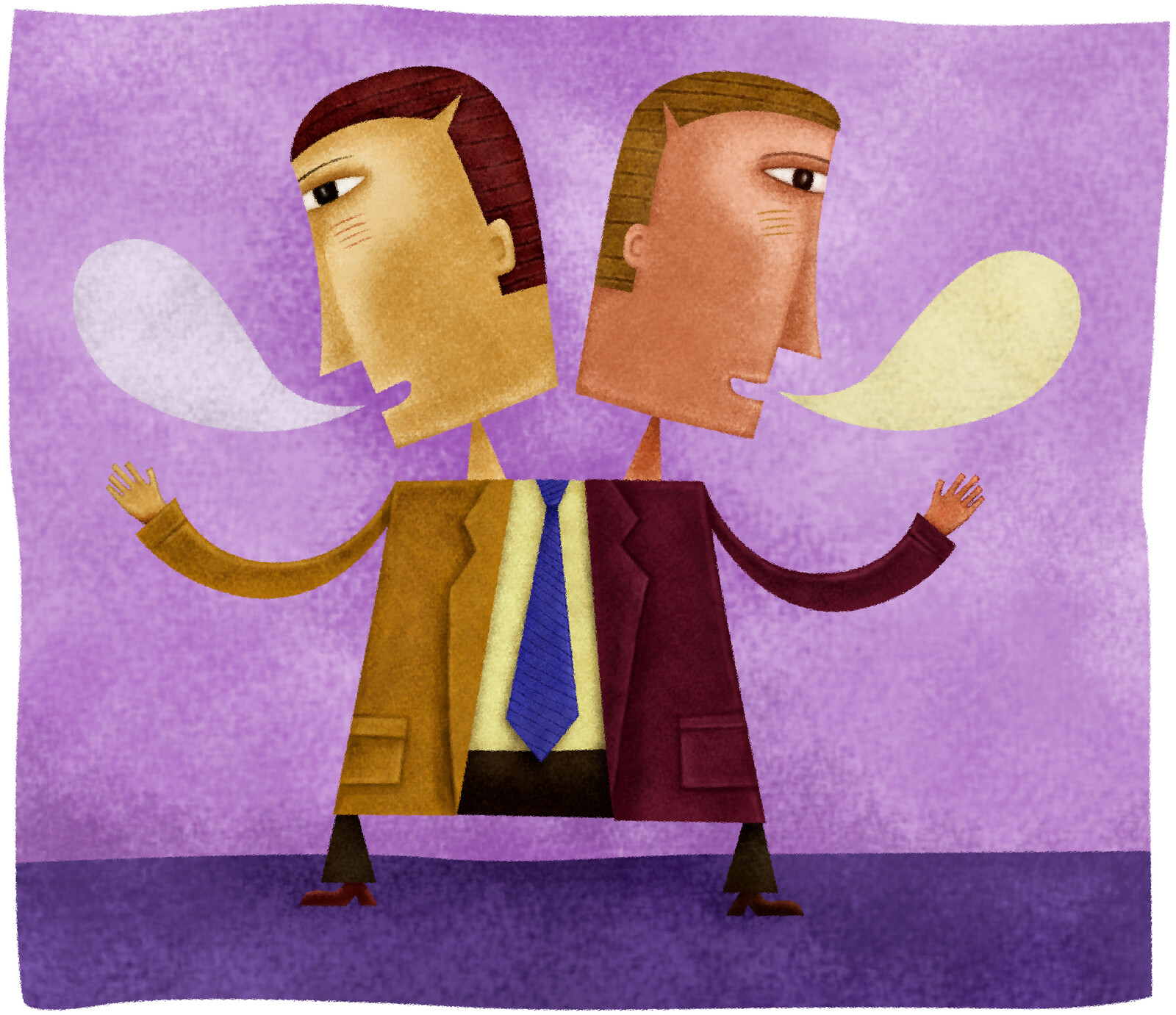 Cartoon of two-headed man in business suit, each head speaking - a thought bubble coming from their mouths, left blank for us to fill in what we think they're saying. All to indicate one person saying two different things at once.