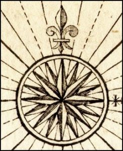 Antique image of a compass, black on sepia tones.
