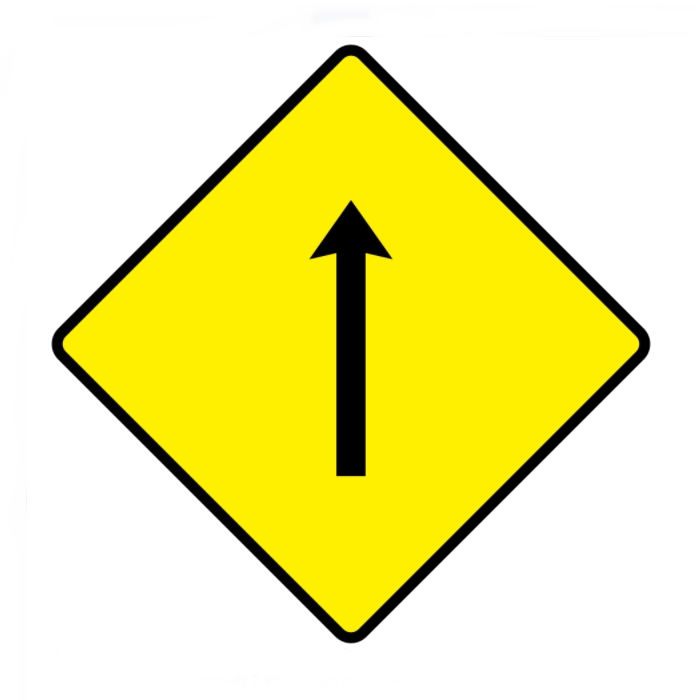 Yellow road sign with a single arrow pointing straight upward