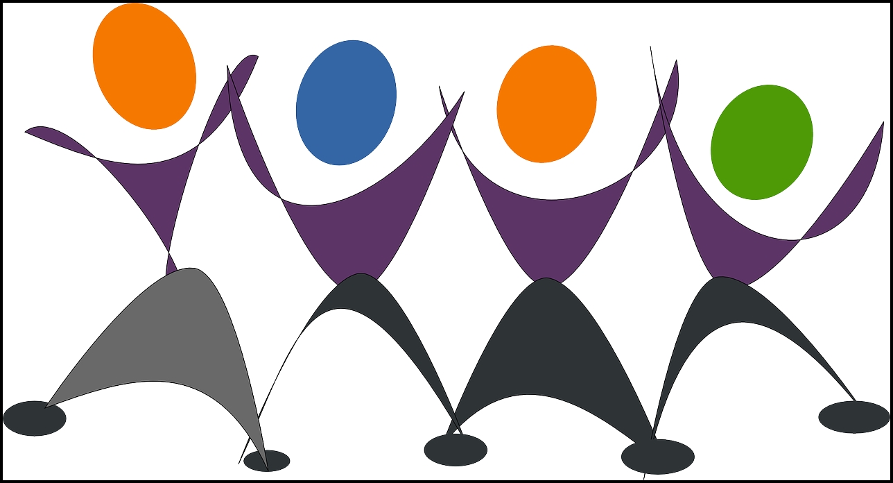 4 stick figures with arms raised, signifying teamwork