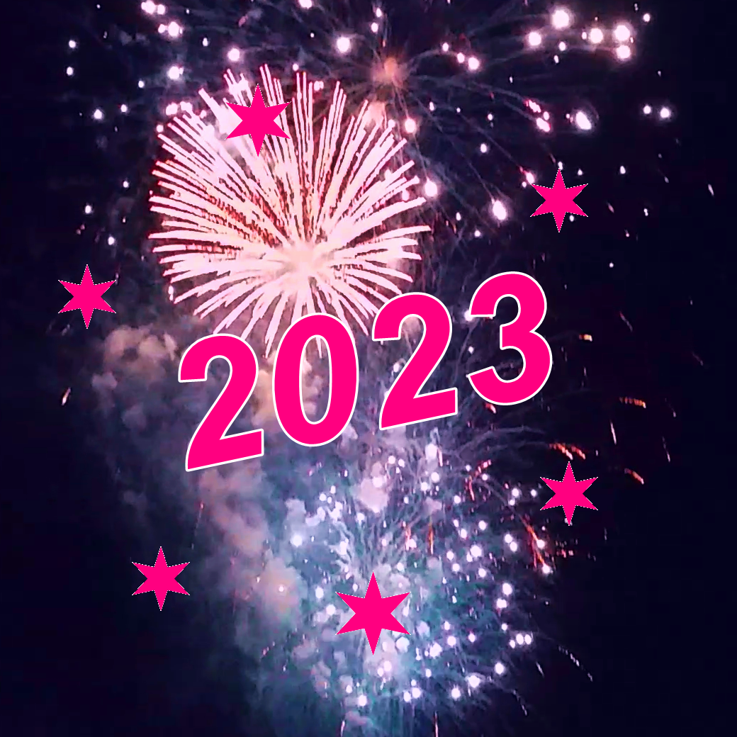 Fireworks against a dark sky, with 2023 in bright pink across the top.