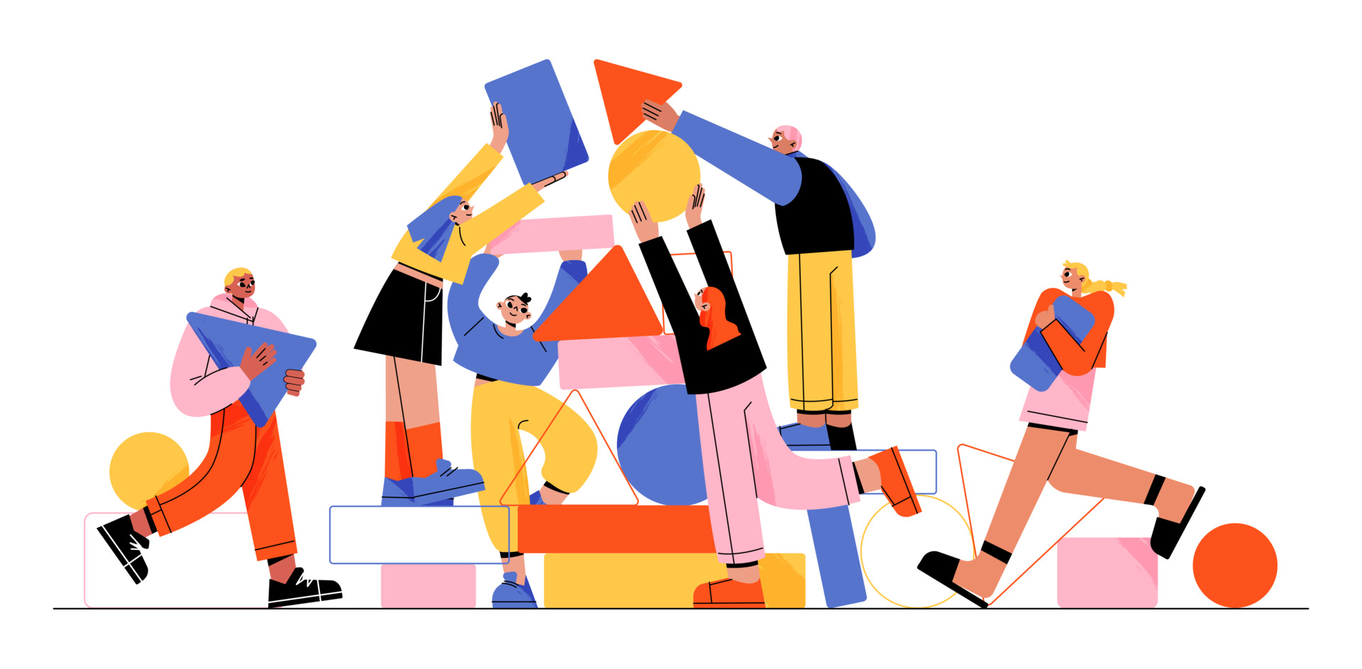 Cartoon geometric-shaped people building something together