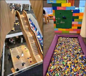 Left-hand side: Looking down at multiple flights of wooden stairs in the Christchurch Turanga Library. Right-hand side: Wall of giant Legos, behind a huge bin of Lego pieces for kids of all ages to construct with.