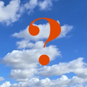 Red question mark against a blue sky with white puffy clouds