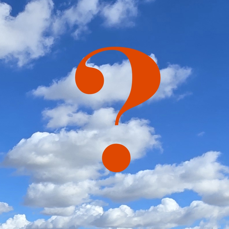 Red question mark against a blue sky with white puffy clouds