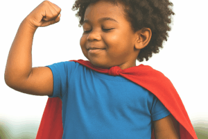Young Black child wearing a blue shirt and a red cape, flexing his muscle.