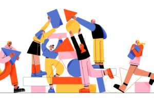 Cartoon geometric-shaped people building something together